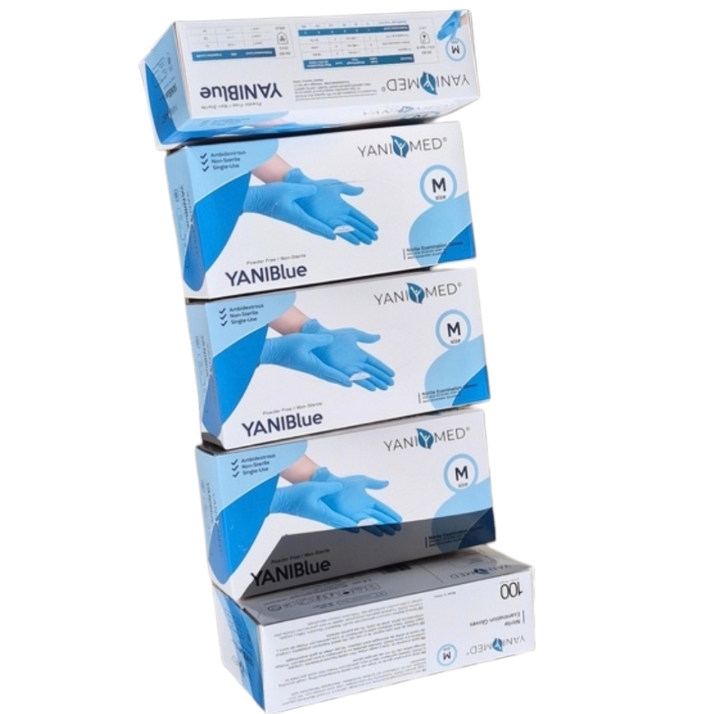 5 YANIBlue Salon Examination Essentials Blue Nitrile Gloves-100 Gloves(Med, Blue